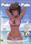  2girls arms_up bikini black_hair blonde_hair breasts dark_skin green_eyes highres island_kahuna looking_at_viewer lusamine_(pokemon) multiple_girls ocean olivia_(pokemon) pokemon pokemon_(game) pokemon_sm short_hair sky swimsuit text_focus vivivoovoo 