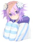  1girl buran_buta choker chromatic_aberration d-pad d-pad_hair_ornament hair_ornament highres hood hood_down hooded_jacket jacket looking_at_viewer neptune_(neptune_series) neptune_(series) purple_hair serious short_hair solo striped striped_legwear violet_eyes 