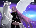 1girl absurdres ass bare_shoulders bell bell_choker breasts bridle bum_hico choker facial_mark fate/stay_night fate_(series) forehead_mark from_below from_side glowing glowing_eyes highres large_breasts long_hair looking_at_viewer pegasus purple_hair red_eyes rider thigh-highs thighs very_long_hair white_feathers wings 