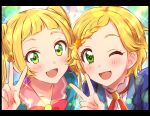  2girls :d absurdres aikatsu! aikatsu!_(series) bangs black_border blonde_hair blunt_bangs blush border bow braid braided_bangs character_request green_eyes hair_ornament hand_up highres looking_at_viewer multiple_girls neck_ribbon one_eye_closed open_mouth red_bow red_neckwear red_ribbon ribbon sekina smile sparkle star_(symbol) star_hair_ornament twintails v 