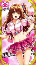  1girl ;d bare_arms bow brown_eyes brown_hair card_(medium) card_parody character_name cinderella_girls_card_parody cowboy_shot crop_top frilled_skirt frills hair_bow hand_on_hip highres idolmaster idolmaster_cinderella_girls layered_skirt long_hair looking_at_viewer midriff navel one_eye_closed open_mouth pink_background pink_bow pink_check_school pink_skirt plaid plaid_skirt sakaki_maki shimamura_uzuki side_ponytail skirt smile solo standing star_(symbol) 