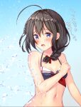  1girl ahoge bikini black_bikini black_hair blue_background blue_eyes blush braid breasts collarbone gradient gradient_background hair_over_shoulder kantai_collection kiiro_kurumi shigure_(kantai_collection) single_braid small_breasts solo splashing swimsuit upper_body water 