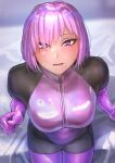  1girl bodysuit elbow_gloves fate/grand_order fate_(series) from_above gloves highres kilye_4421 latex_bodysuit mash_kyrielight open_mouth original pink_eyes pink_gloves pink_hair shiny shiny_clothes short_hair sitting skin_tight solo thigh-highs zipper 