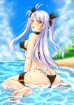  1girl antenna_hair ass azur_lane bangs bikini black_bikini black_choker black_ribbon blush breasts brown_eyes choker eyebrows_visible_through_hair flag_print from_behind gekato german_flag_bikini hair_ribbon highres large_breasts long_hair looking_at_viewer looking_back multicolored_hair open_mouth outdoors prinz_eugen_(azur_lane) prinz_eugen_(unfading_smile)_(azur_lane) redhead ribbon silver_hair sitting solo streaked_hair swept_bangs swimsuit thigh_strap two_side_up very_long_hair water wet 