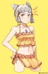  animal_ears bangs bare_shoulders bikini blunt_bangs breasts cat_ears chest_jewel collar commentary commission cowboy_shot cropped_legs english_commentary frown graysheartart grey_hair halterneck hand_on_hip highres looking_at_viewer navel nia_(xenoblade) sarong short_hair side-tie_bikini simple_background small_breasts spoilers swimsuit twitter_username v-shaped_eyebrows xenoblade_chronicles_(series) xenoblade_chronicles_2 yellow_background yellow_bikini yellow_eyes 