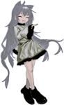  1girl ^_^ ahoge animal_ears atkm2 black_footwear black_nails cat_ears closed_eyes dress ears eyebrows_visible_through_hair fang frilled_dress frilled_sleeves frills long_hair open_mouth original pointing silver_hair smile solo white_background 