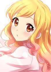  1girl absurdres aikatsu!_(series) aikatsu_stars! blonde_hair blush brown_eyes eyebrows_visible_through_hair eyelashes gradient_hair highres long_hair looking_at_viewer multicolored_hair nijino_yume parted_lips pink_shirt sekina shirt simple_background solo upper_body white_background 