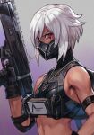  1girl armband assault_rifle bangs breasts character_request dark_skin fortnite from_side gas_mask gun hankuri holding holding_gun holding_weapon hankuri looking_at_viewer mask mouth_mask red_eyes rifle short_hair sidelocks solo traditional_media vest weapon white_hair 