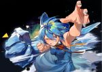  1girl :d adapted_costume ahoge arm_up armpits bangs black_background blue_bow blue_dress blue_eyes blue_hair blue_nails blush bow breasts buttons cirno clenched_hand clenched_teeth commentary_request crack dress fog foreshortening frilled_bow frills gradient_ribbon grin hair_between_eyes hair_bow hand_up ice ice_wings light_particles looking_at_viewer medium_breasts nail_polish neck_ribbon one_eye_closed open_mouth orange_ribbon outstretched_arm power_fist punching reaching_out red_neckwear red_ribbon ribbon short_hair sleeveless sleeveless_dress smile sofa_(enogunomu) solo teeth touhou triangle upper_body wing_collar wings 