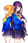  2girls ayameike_aika back-to-back blue_jacket butsuriteki_ni_koritsu_shiteiru_ore_no_koukou_seikatsu closed_mouth collared_shirt hair_ornament hair_scrunchie hand_up height_difference highres jacket long_hair long_sleeves mika_pikazo miniskirt multiple_girls neck_ribbon orange_eyes orange_hair purple_hair purple_skirt red_ribbon ribbon school_uniform scrunchie shirt skirt smile takawashi_enju twintails very_long_hair violet_eyes wing_collar 