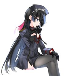  1girl alternate_costume black_gloves black_hair black_headwear black_jacket black_legwear blue_eyes braid epaulettes french_braid from_side gloves hair_ribbon highres jacket long_hair looking_to_the_side myama nijisanji pink_ribbon ribbon simple_background sitting solo thigh-highs tsukino_mito virtual_youtuber white_background 