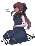  1girl alternate_costume alternate_hair_ornament bare_arms bare_shoulders black_dress black_legwear black_ribbon character_name doki_doki_literature_club dress eyebrows_visible_through_hair green_eyes hair_ribbon long_hair looking_at_viewer monika_(doki_doki_literature_club) ponytail ribbon sidelocks simple_background sitting sleeveless sleeveless_dress smile solo sora_(efr) thigh-highs white_background wing_collar 