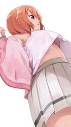  1girl bra breasts eyebrows_visible_through_hair from_below gochuumon_wa_usagi_desu_ka? highres hiroki_(yyqw7151) hoto_cocoa looking_away open_mouth orange_hair pleated_skirt shirt short_hair simple_background skirt small_breasts solo stomach thighs underwear violet_eyes white_background white_bra white_shirt white_skirt 