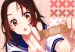  1girl :o absurdres applying_bandaid bandaid blue_sailor_collar blurry blurry_foreground brown_eyes brown_hair depth_of_field fingernails head_tilt highres holding_bandaid huge_filesize incoming_bandaid long_hair looking_at_viewer mika_pikazo original parted_lips pink_background pov sailor_collar school_uniform serafuku shirt short_sleeves solo white_shirt 