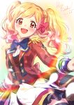  1girl :d absurdres aikatsu!_(series) aikatsu_stars! black_legwear blonde_hair blue_bow blush bow brown_eyes cowboy_shot dated english_text epaulettes gradient_hair hair_bow happy_birthday highres jacket long_sleeves looking_at_viewer miniskirt multicolored_hair nijino_yume open_mouth pink_hair red_bow red_jacket sekina skirt smile solo thigh-highs twintails white_skirt 