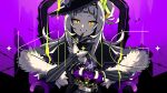  1girl barbed_wire black_capelet black_gloves black_headwear capelet commentary_request crown finger_to_mouth fur-trimmed_capelet fur_trim gloves grey_hair grin hair_bun hat highres hololive king_(vocaloid) long_hair long_sleeves looking_at_viewer murasaki_shion nou_(nounknown) orange_eyes purple_background side_bun smile solo sparkle striped tilted_headwear very_long_hair virtual_youtuber witch_hat 