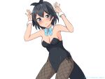  1girl absurdres arms_up bangs bare_arms bare_shoulders bird_tail black_hair blue_bow blue_eyes blue_neckwear blush bow bowtie breasts bunny_pose bunny_tail detached_collar fishnets greater_lophorina_(kemono_friends) hair_between_eyes head_wings highres kemono_friends medium_breasts pantyhose playboy_bunny shiraha_maru short_hair simple_background solo tail twitter_username white_background wrist_cuffs 