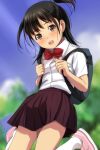  1girl :d absurdres backpack bag bangs black_hair blue_scrunchie blurry blurry_background blush bow brown_eyes brown_skirt collared_shirt day depth_of_field dress_shirt eyebrows_visible_through_hair grey_panties hair_ornament hair_scrunchie highres holding_strap jumping kneehighs long_hair looking_at_viewer matsunaga_kouyou nose_blush open_mouth original outdoors panties pink_footwear pleated_skirt red_bow scrunchie shirt shoes short_sleeves skirt smile solo two_side_up underwear upper_teeth white_legwear white_shirt 