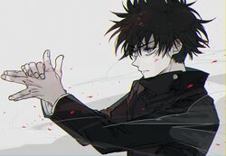  1boy bangs black_hair black_jacket blue_eyes closed_mouth ebanoniwa fushiguro_megumi hair_between_eyes hands_up high_collar jacket jujutsu_kaisen long_sleeves looking_away male_focus school_uniform shadow_puppet short_hair solo spiky_hair upper_body white_background wind 