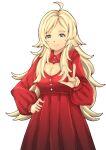  1girl ahoge alternate_costume blonde_hair breasts circlet_removed closed_mouth fire_emblem fire_emblem_fates fire_emblem_heroes grey_eyes hand_on_hip heart_keyhole_dress long_hair looking_at_viewer ophelia_(fire_emblem) smile villager_c 