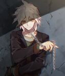  1boy ahoge bangs black_jacket brown_shirt chain chained closed_mouth collar collarbone commentary_request cuffs dangan_ronpa dangan_ronpa_3 grey_eyes hair_between_eyes hand_up holding holding_chain io_(sinking=carousel) jacket komaeda_nagito long_sleeves looking_at_viewer male_focus medium_hair metal_collar open_clothes open_jacket shackles shirt smile solo upper_body white_hair 
