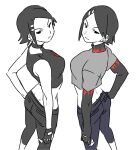  2girls :/ :3 age_comparison bangs bare_shoulders black_hair blue_pants blush breasts capri_pants character_name choker closed_mouth clothes_writing commentary_request crop_top cube_(jet_set_radio) dual_persona earrings fingerless_gloves flame_print from_above from_behind gloves grey_pants grey_shirt greyscale hair_ornament hairclip half-closed_eyes hand_on_hip highres home_(houmei) jet_set_radio jet_set_radio_future jewelry layered_clothing long_sleeves looking_at_viewer looking_back looking_up midriff monochrome multiple_girls multiple_persona pants ponytail shirt short_hair short_over_long_sleeves short_sleeves simple_background sleeveless smile standing stud_earrings swept_bangs symmetry t-shirt turtleneck v-shaped_eyebrows white_background 