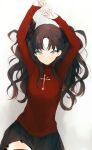  1girl arms_up bangs black_hair black_legwear black_skirt blue_eyes breasts closed_mouth cross fate/stay_night fate_(series) grey_background hair_ribbon long_hair long_sleeves lpip red_sweater ribbon simple_background skirt solo sweater thigh-highs tohsaka_rin two_side_up 