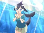1girl :d absurdres alternate_costume black_hair blue_eyes blue_hair blue_shirt blush clenched_hands common_dolphin_(kemono_friends) dolphin_tail dorsal_fin gradient_hair highres kemono_friends lens_flare looking_at_viewer multicolored_hair open_mouth shiraha_maru shirt short_sleeves shorts smile solo tail twitter_username upper_teeth water white_hair white_shorts