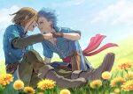  2boys :d blue_eyes blue_hair blue_pants blue_shirt boots brown_pants camus_(dq11) closed_eyes collarbone commentary_request day dragon_quest dragon_quest_xi earrings face-to-face field flower flower_field forehead-to-forehead gloves grin hero_(dq11) jewelry knee_boots looking_at_another male_focus mondi_hl multiple_boys open_mouth outdoors pants shirt sitting sky smile spiky_hair yellow_flower 