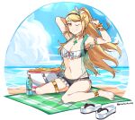  1girl ;) anklet armpits arms_up bag barefoot beach blanket blonde_hair blue_sky bottle bracelet breasts choker clouds commentary day earrings english_commentary full_body gold_choker graysheartart jewelry long_hair looking_at_viewer medium_breasts mythra_(xenoblade) navel one_eye_closed outdoors sitting sky smile solo thighlet twitter_username wariza water xenoblade_chronicles_(series) xenoblade_chronicles_2 yellow_eyes 