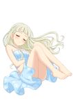  1girl absurdres aikatsu! aikatsu!_(series) bare_arms bare_legs bare_shoulders barefoot blue_dress blush braid closed_eyes dress floating_hair full_body highres legs_together long_hair parted_lips sekina side_braid simple_background sleeping solo toudou_yurika white_background 