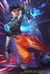  1girl abs armpits arms_up bangs black_hair bodysuit breasts brown_eyes brown_hair clothes collarbone dark_skin dual_wielding earrings fantasy female_focus fighting_stance gloves goggles gun hip_focus holding holding_weapon jacket jewelry judash137 long_legs looking_at_viewer open_mouth overwatch overwatch_2 parted_lips shoes short_hair skin_tight smile sneakers solo spiky_hair standing thighs toned tracer_(overwatch) weapon 