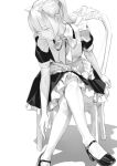  1girl animal_ears apron bangs bow cat_ears cat_girl chair dress fkey frilled_dress frills full_body greyscale leaning_forward looking_down maid mary_janes monochrome original pantyhose ponytail reaching shoes short_sleeves sidelocks sitting solo symbol_commentary 