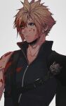  1boy bangs beckey9415 belt belt_buckle black_shirt blonde_hair blood blood_on_face blue_eyes buckle cloud_strife collarbone commentary_request earrings final_fantasy final_fantasy_vii grey_background highres jewelry long_sleeves male_focus shirt short_hair simple_background single_bare_shoulder solo upper_body white_background 
