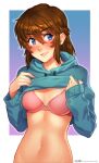  1girl absurdres bangs blue_hoodie blush bow bow_bra bra braid breasts brooke_(mathias_leth) brown_hair brown_nails commentary deviantart_username drawstring english_commentary fingernails freckles grin hair_between_eyes highres hood hood_down hoodie hoodie_lift lifted_by_self long_sleeves looking_at_viewer mathias_leth medium_hair navel nose_blush orchistra:_ostront_41-45 original pink_bra shiny shiny_hair small_breasts smile solo stomach toned underwear watermark web_address 