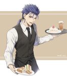  1boy apron artist_name black_apron black_vest blue_hair cake cake_slice collared_shirt commentary_request cowboy_shot cropped_legs cu_chulainn_(fate)_(all) earrings fate/stay_night fate_(series) food highres holding holding_tray jewelry lancer long_hair long_sleeves looking_at_viewer male_focus mondi_hl necktie open_mouth plate ponytail red_eyes sandwich shirt smile solo spiky_hair tray upper_teeth vest waist_apron waiter white_shirt 