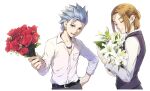  2boys bangs belt black_belt black_vest blue_hair blush bouquet camus_(dq11) closed_eyes closed_mouth collared_shirt commentary_request dragon_quest dragon_quest_xi dress_shirt earrings flower from_side hand_on_hip hand_tattoo hero_(dq11) holding holding_bouquet holding_flower incoming_gift jewelry long_sleeves male_focus mondi_hl multiple_boys necklace open_mouth parted_bangs red_flower red_rose rose shirt short_hair simple_background smile spiky_hair upper_body upper_teeth vest white_background white_flower white_shirt 