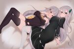  2girls artist_name bangs between_legs blunt_bangs blush breasts butterfly_hair_ornament closed_mouth clothes echidna_(re:zero) feet_out_of_frame grey_hair hair_between_eyes hair_ornament hand_between_legs highres large_breasts lewdishsnail long_hair looking_at_viewer lying multiple_girls on_back on_side re:zero_kara_hajimeru_isekai_seikatsu satella_(re:zero) smug take_your_pick very_long_hair violet_eyes white_hair 