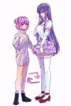  2girls :d arrow_(symbol) black_footwear blush boots casual cosplay costume_switch doki_doki_literature_club elbow_gloves flying_sweatdrops full_body gloves hair_ornament hairclip long_hair long_sleeves multiple_girls natsuki_(doki_doki_literature_club) natsuki_(doki_doki_literature_club)_(cosplay) open_mouth pink_eyes pink_hair pink_skirt purple_hair red_footwear red_ribbon ribbed_sweater ribbon shoes short_hair short_sleeves simple_background sketch skirt smile sora_(efr) standing sweatdrop sweater thigh-highs turtleneck turtleneck_sweater very_long_hair violet_eyes white_background white_gloves white_legwear yuri_(doki_doki_literature_club) yuri_(doki_doki_literature_club)_(cosplay) zettai_ryouiki 
