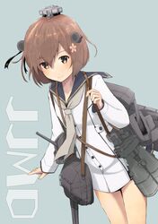  1girl absurdres aqua_background binoculars blue_sailor_collar brown_eyes brown_hair cherry_blossoms dress eyebrows_visible_through_hair flower grey_neckwear hair_between_eyes hair_flower hair_ornament headset highres kantai_collection kure_jirou long_sleeves neckerchief remodel_(kantai_collection) sailor_collar sailor_dress school_uniform serafuku short_hair solo speaking_tube_headset torpedo_launcher turret yukikaze_(kantai_collection) 