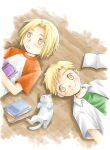  2boys alphonse_elric animal arms_at_sides blonde_hair book book_on_lap border brothers cat closed_mouth collared_shirt dot_nose dress_shirt edward_elric facing_viewer fading_border floor from_above fullmetal_alchemist green_shirt hand_on_lap happy light_blush looking_at_animal looking_away looking_to_the_side lying male_focus multiple_boys on_back on_floor open_book parted_lips raglan_sleeves shirt short_sleeves siblings smile tareme uho_(uhoponta) upper_body white_cat white_shirt wooden_floor yellow_eyes younger 