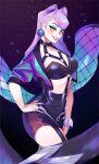  1girl blue_eyeshadow blush bracelet breasts cropped_jacket earrings evelynn_(league_of_legends) eyeshadow hand_on_hip highres jacket jewelry k/da_(league_of_legends) league_of_legends long_hair looking_at_viewer makeup medium_breasts open_clothes open_jacket purple_hair smile solo the_baddest_evelynn yellow_eyes zambiie 