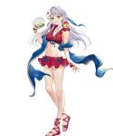  blue_towel fire_emblem fire_emblem:_radiant_dawn fire_emblem_heroes flower_ornament holding_seashell looking_at_viewer micaiah_(fire_emblem) open_hand open_mouth orange_eyes red_clothes red_sandals sandals skirt smiling white_hair 