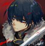  1boy blood blue_eyes blue_hair closed_mouth epeulu_(ate5424) eyebrows_visible_through_hair film_grain fur_trim gradient gradient_background male_focus original red_background signature solo sword turtleneck upper_body weapon 