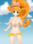  bangs bare_shoulders bikini breasts breasts_apart clouds collarbone curly_hair earrings flower_earrings high_ponytail highres jewelry kai_(nyanko_daisensou) large_breasts long_hair nyanko_daisensou orange_hair sky swimsuit twin-7646 very_long_hair yellow_bikini 