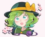  1girl :o bangs black_headwear blush bogyaku_no_m bow cherry_blossoms commentary_request cropped_shoulders eyeball eyebrows_visible_through_hair face flower green_eyes green_hair hat hat_bow komeiji_koishi open_mouth pink_flower ribbon short_hair simple_background solo swept_bangs third_eye touhou wavy_hair white_background yellow_bow yellow_ribbon 
