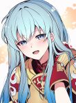  1girl adjusting_hair armor blouse blush cute earrings eirika_(fire_emblem) eyebrows_visible_through_hair fingerless_gloves fire_emblem fire_emblem:_seisen_no_keifu fire_emblem:_the_sacred_stones fire_emblem_8 gloves gold_armor gold_trim hair_between_eyes highres intelligent_systems jewelry light_blue_eyes light_blue_hair long_hair looking_at_viewer nakabayashi_zun nintendo open_mouth pauldrons red_blouse red_gloves shadow shoulder_armor signature simple_background smile solo upper_body 