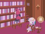  2girls armband bat_wings bench black_eyes black_skirt book bookshelf candlestand chair chibi cobalta commentary_request crescent crescent_moon_pin dress full_body hair_ribbon hat head_wings holding holding_book koakuma lamp light_smile long_hair looking_up mob_cap multiple_girls no_nose open_book patchouli_knowledge purple_capelet purple_dress purple_hair reading redhead ribbon sidelocks skirt stairs standing striped table touhou tress_ribbon vertical-striped_dress vertical_stripes very_long_hair wings 