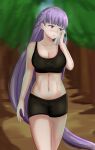  1girl breasts commission commissioner_upload fire_emblem fire_emblem:_the_binding_blade fire_emblem_heroes highres large_breasts long_hair midriff nature purple_hair short_shorts shorts solo sophia_(fire_emblem) sports_bra sportswear sweat tank_top tree very_long_hair violet_eyes zipperqr 