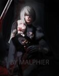  1boy 1girl absurdres artist_name character_request check_character closed_mouth crying crying_with_eyes_open english_commentary gloves grey_hair highres injury lips looking_at_viewer malphier nier_(series) nier_automata puffy_sleeves realistic shadow tears watermark yorha_no._2_type_b yorha_no._9_type_s 